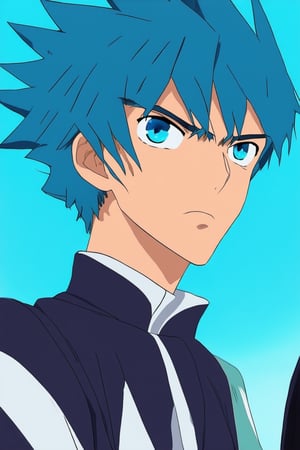 A close-up shot of a young anime protagonist's determined face, with piercing blue eyes and spiky blue hair, set against a vibrant blue background. Soft, gradient-like shading transitions from a light sky blue to a deep navy, framing the subject's strong jawline. A hint of subtle texture adds depth to their bold features.