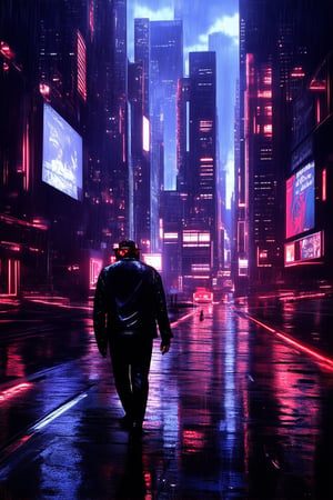 A futuristic cityscape at dusk, neon lights reflecting off wet asphalt as a lone figure in a black leather jacket and mirrored shades walks into frame, a holographic display hovering above their wrist. The rain-soaked street is dimly lit by flickering LED billboards, while the towering skyscrapers loom in the background, their windows like cold, dead eyes.