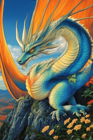 A majestic dragon perches atop a mystical mountain peak, its iridescent scales glimmering in the warm golden light of sunset. The surrounding landscape is ablaze with vibrant flowers and towering trees, their leaves shimmering like emeralds in the fading daylight. The dragon's wings, outstretched and regal, cast a gentle shadow over the lush terrain below.