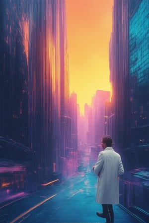 A vibrant, futuristic cityscape with a gradient-colored sky transitioning from fiery oranges to deep blues. Tall skyscrapers with sleek, metallic facades reflect the kaleidoscope hues above, while neon-lit streets below pulse with energy. A lone figure in the distance, dressed in a flowing white coat, stands at the edge of the city, gazing out upon the gradient world's majestic beauty.