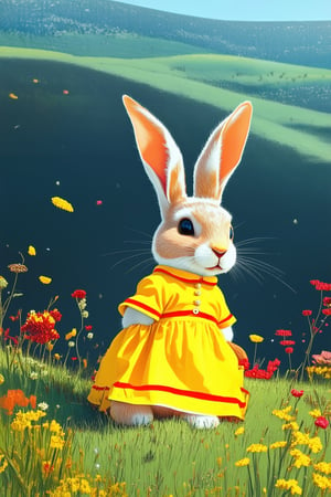 Whimsical illustration depicting a simple yet charming scene: a young rabbit in a bright yellow sundress and matching bonnet, sitting on a soft green hillside surrounded by tall grasses and colorful wildflowers. Warm sunlight casts a gentle glow, with subtle shading defining the rabbit's features and the surrounding landscape.