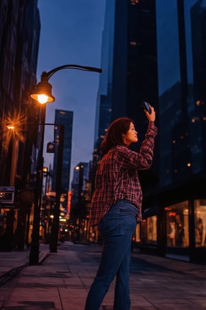 Snapshots from a bygone era: A 1990s-inspired scene unfolds before us. A neon-lit cityscape at dusk provides the backdrop, with towering skyscrapers and bustling streets. A young woman, dressed in a flannel shirt and high-waisted jeans, stands confidently on the sidewalk, phone held aloft as she snaps a photo of the vibrant urban landscape. Flickering streetlights cast a warm glow, while the sounds of grunge music drift from a nearby boombox.