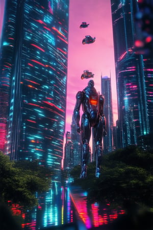 A sleek, neon-lit cityscape at dusk, with towering skyscrapers and flying cars zipping by. In the foreground, a futuristic cyborg stands confidently, its metallic body glistening under the artificial lights of the urban jungle.