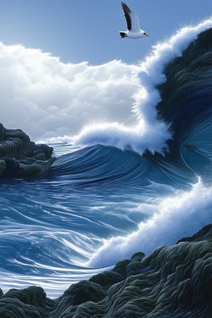 A majestic blue ocean wave crashes against the rugged coastline, its foamy crest glistening in the warm sunlight. The rocky shores are blanketed with a carpet of soft green seaweed, swaying gently in the breeze. A lone seagull soars overhead, its silvery feathers glinting against the cerulean sky.