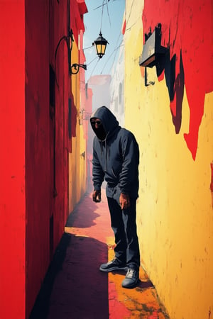 Dark alleyway, dimly lit by a single flickering streetlamp, shrouded in mist and mystery. A masked figure, Banksy's iconic 'Mysterious' character, stands tall, hoodie upturned, eyes obscured by sunglasses. The urban landscape's gritty texture contrasts with the surreal, dreamlike quality of the scene, as if reality is being reimagined. Shadows dance across the walls, adding to the air of intrigue and secrecy.