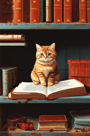 A whimsical illustration of a simple scene: a curious cat sitting on a worn-out bookshelf, surrounded by dusty tomes and forgotten trinkets. Soft, warm lighting casts a gentle glow, highlighting the cat's inquisitive expression as it paws through the pages of an old leather-bound book.