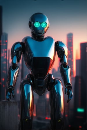 Close-up shot of a sleek, metallic robot standing atop a worn, concrete cityscape at dusk. Futuristic skyscrapers pierce the smog-choked sky as the robot's glowing blue eyes scan the desolate landscape. Neon lights reflecting off its chrome-plated body create an otherworldly sheen.