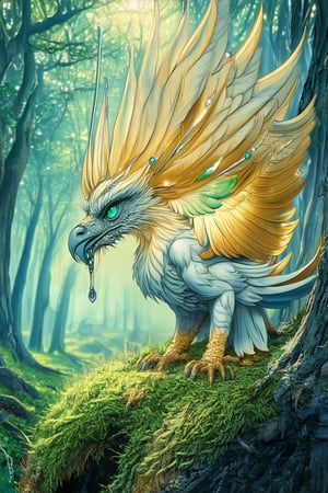 Vibrant sunlight filters through misty forest glades as a majestic Griffin with gleaming golden feathers and piercing emerald eyes perches regally upon a moss-covered ancient tree trunk, its sharp talons grasping a delicate silver circlet adorned with glittering gemstones.