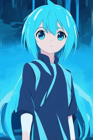 A vibrant blue tone dominates the anime scene, with a young protagonist standing confidently in the foreground. Her bright blue hair and matching eyes seem to glow against the subtle gradient of blue hues in the background, evoking a sense of calmness and serenity. Softly focused blurred lines create a dreamy atmosphere, as if the viewer is entering her world.