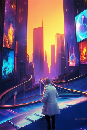 A vibrant, futuristic cityscape at dusk, with a gradient sky transitioning from fiery orange to deep purple, where sleek skyscrapers and neon-lit billboards converge. In the foreground, a lone figure in a flowing white coat stands atop a winding staircase, gazing out at the kaleidoscope of colors as if contemplating the secrets of this Gradient World.