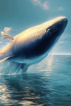 A majestic blue whale breaches the surface, its enormous body undulating as it rises from the depths, illuminated by a warm golden light that highlights the misty spray and ripples on the calm ocean's surface. The surrounding water is a vibrant turquoise, with a few wispy clouds drifting lazily across the sky.