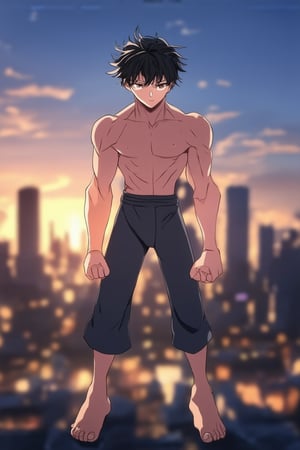 A close-up shot of a determined anime character standing confidently with feet shoulder-width apart, knees slightly bent, and fists clenched. The subject's eyes gleam with an intense determination, their eyebrows furrowed in focus. A soft golden light illuminates the scene from above, casting a warm glow on the character's facial features. The background is a blurred cityscape at sunset, with vibrant oranges and pinks blending into the horizon.