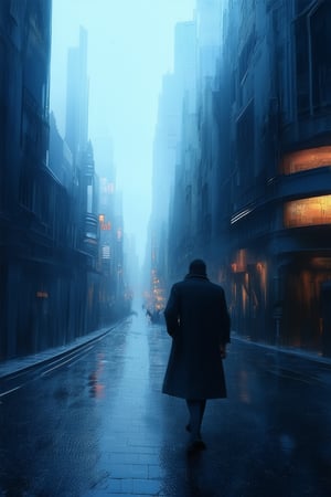 A somber, dark blue-hued cityscape at dusk, with towering skyscrapers and crumbling tenements casting long shadows on a rain-soaked street. The air is heavy with mist, as a lone figure in a worn trench coat walks away from the camera, disappearing into the gloom.