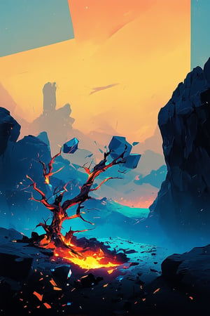 A vivid and bold image! A surrealistic landscape with an extreme hue of electric blue dominates the frame, as if a giant sapphire had been shattered across the terrain. Jagged rock formations and twisted tree trunks sprout from the ground like shards of glass. In the distance, a fiery orange glow emanates from an ancient volcano, casting a warm, golden light on the surrounding environment.