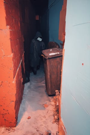 A dimly lit, deserted alleyway at dusk, with crumbling brick walls and rusty metal trash cans, sets the tone for a sense of mystery. A hooded figure in a black cloak, partially obscured by shadows, stands frozen amidst the decay, their face shrouded in secrecy. The only hint of life is the faint glow of a cigarette ember, casting an eerie light on the scene.