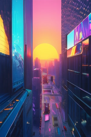 A futuristic cityscape at dusk, with a gradient world effect: soft blues and purples blend into vibrant oranges and yellows as the sun dips below the horizon. Towering skyscrapers with sleek, metallic facades reflect the kaleidoscope of colors, while neon lights and holographic advertisements dance across the streets, creating a mesmerizing display of light and sound.