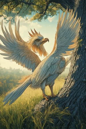 In a mystical forest clearing, a majestic Griffin perches on a gnarled tree trunk, its piercing eyes scanning the surroundings. Soft, golden light filters through the leafy canopy above, casting dappled shadows across the grass. The Griffin's wings, outstretched and relaxed, seem to shimmer with an inner radiance. Its regal head is held high, as if surveying a kingdom of ancient trees and whispering secrets to the wind.