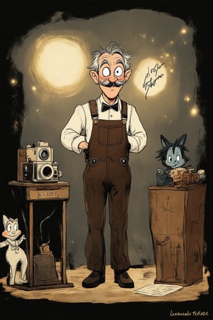 A whimsical illustration of Don Bluth, the legendary animator and filmmaker, standing in front of a vintage-style movie camera, surrounded by nostalgic film strips and classic cartoon characters. His signature mustache and bushy eyebrows are prominently featured as he gazes proudly at his work. Soft, golden lighting illuminates the scene, with a subtle focus on the texture of his suit and the worn leather of the camera. The overall composition is playful, with Don's confident pose and the whimsical details creating a sense of nostalgia and wonder.