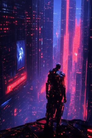 A neon-drenched cityscape at dusk, with towering skyscrapers and holographic advertisements flashing vibrant colors. In the midst of this bustling metropolis, a lone figure - a cybernetic mercenary - stands atop a rooftop, gazing out at the dystopian landscape. The merc's chrome-plated armor glints in the fading light, while their cybernetic eye glows like a piercing blue gem.