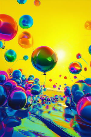 A dynamic snapshot captures a whimsical scene: a burst of vibrant, colorful balloons floating above a bright yellow background, their iridescent sheen reflecting dappled sunlight. A playful, curved pose showcases the inflated orbs' joyful movement, set against a warm, sun-kissed atmosphere.