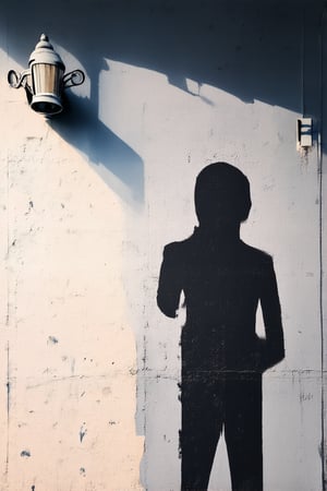 A mysterious Banksy mural unfolds on a grey concrete wall, shrouded in darkness and flickering streetlights. A lone figure, face obscured by shadows, gazes out with an air of intrigue, as if holding secrets to the world's most elusive artist. The overall composition is minimalist yet captivating, with bold brushstrokes and subtle textures drawing the eye.