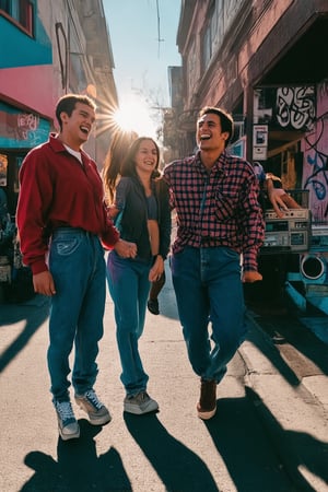 A nostalgic flashback to the 1990s: a bright, sun-drenched street scene with bold, pastel-colored buildings and retro-inspired graffiti. A group of friends, dressed in baggy high-waisted jeans, oversized flannel shirts, and chunky sneakers, gather around a boombox playing a cassette tape of their favorite grunge band. The warm light of the setting sun casts long shadows across the pavement as they laugh and chat, surrounded by the vibrant colors and eclectic textures of the era.