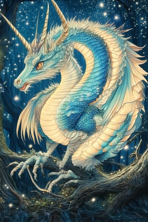 A whimsical gathering of mythical beings: iridescent dragons with shimmering scales, luminous unicorns with gleaming horns, and mischievous sprites dancing amidst a tapestry of glittering stars. A mystical forest glows softly in the background, as a wise old phoenix perches on a gnarled branch, surveying the gathering with knowing eyes.