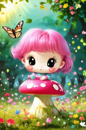 Whimsical chibi scene: a tiny Evey with bright pink hair and matching outfit, standing on a giant mushroom amidst a vibrant forest. Soft sunlight filters through the leafy canopy, casting a warm glow on Evey's cheerful face as she gazes up at a fluttering butterfly. The background is a blur of colorful flowers and trees.