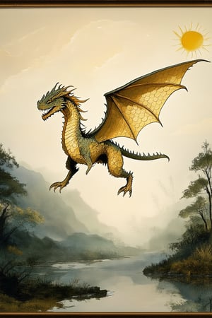 A majestic dragon, reminiscent of Falkor from 'Neverending Story', soars through a whimsical fantasy landscape, with sun-kissed hills and lush greenery. Framed by a warm golden light, the dragon's scales glimmer like polished gemstones, its wings outstretched in mid-air as it majestically descends towards a serene lake, surrounded by a misty veil of mystery.