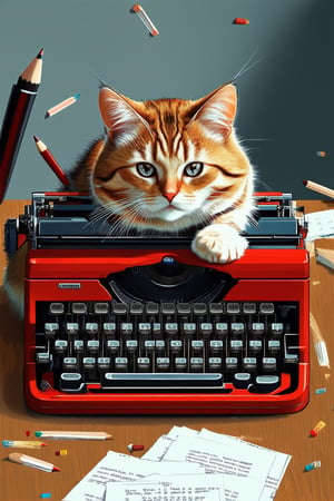 A whimsical illustration of a curious cat sitting on a vintage typewriter, surrounded by scattered papers and pencils. Soft, warm lighting illuminates the scene from above, casting a gentle glow on the cat's fluffy fur and the metallic typewriter keys. The cat's paws are poised over the keys, as if it's about to start typing out its next literary masterpiece.