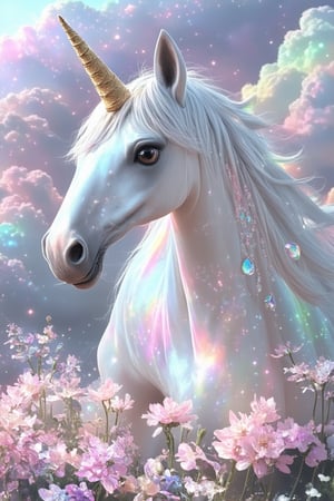 In a whimsical, dreamlike atmosphere, a majestic unicorn named WonderMagic poses against a backdrop of swirling, iridescent clouds. The lighting is soft and ethereal, with hints of glittering stardust. The unicorn's coat shines like polished gemstones, and its horn glows with an inner light. In the foreground, delicate flowers bloom in shades of pastel pink and lavender, framing WonderMagic's mystical presence.