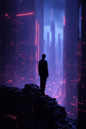 A futuristic cityscape at dusk, with neon-lit skyscrapers piercing the darkening sky. A lone figure, dressed in a sleek black jumpsuit, stands atop a crumbling rooftop, gazing out at the sprawling metropolis. The subject's cybernetic enhancements glow softly in the fading light, as they survey the urban landscape with a mix of determination and trepidation.