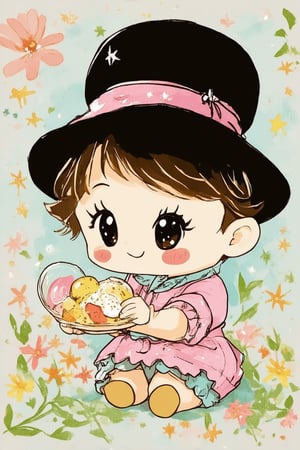 A chibi-style image of Eveything, a whimsical and endearing character. The shot is framed with a soft focus, emphasizing the subject's adorable features. Warm golden lighting highlights Eveything's bright smile and sparkling eyes, set against a pastel-colored background with subtle texture resembling a watercolor painting. Eveything sits or stands in a playful pose, perhaps holding a favorite item or wearing a charming hat, amidst lush greenery or vibrant flowers, radiating joy and friendliness.