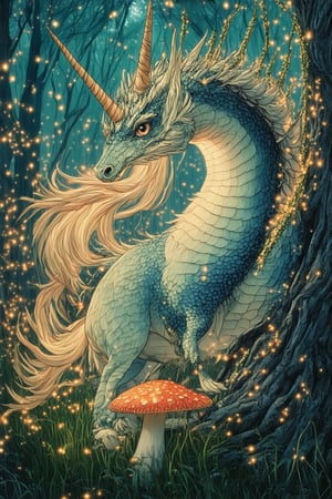 Whispering windswept treetops frame a mystical gathering of fantasy creatures in a lush, emerald forest glade. A luminous unicorn's horn glows softly amidst a cluster of glowing fireflies and wispy willow branches, while a majestic dragon's scales shimmer like polished obsidian in the soft, golden light. A mischievous sprite perches on a toadstool, eyes twinkling with mirth, as a gentle dryad bends towards a ancient, gnarled tree trunk.