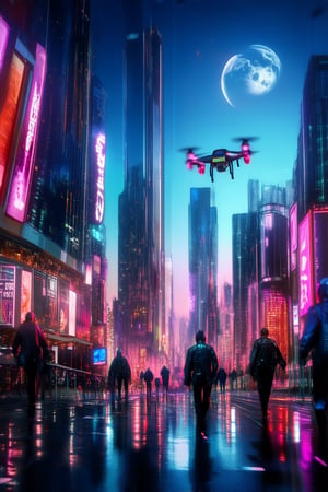 Capture a futuristic cityscape at dusk, with sleek skyscrapers and neon-lit billboards reflecting off a wet street. A hovering drone zips past a group of people in high-tech suits, walking through the bustling metropolis. The sky is painted with hues of blue and purple, as the moon rises behind the towering structures.