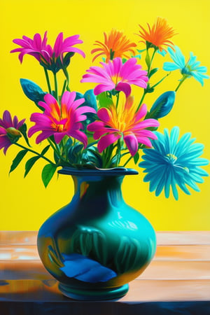 A vibrant, colorful still life photograph featuring a mesmerizing arrangement of exotic flowers in a delicate, antique vase against a bright yellow background. The blooms burst forth with an array of colors - hot pink, electric blue, and sunshine orange - as the warm sunlight casts a gentle glow on the petals, highlighting their intricate textures.