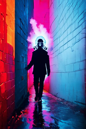 A dark alleyway at night, neon signs casting a kaleidoscope of colors on the wet pavement. A figure in shadows, dressed in black, holding a gas mask and a stencil. The air is thick with smoke and mystery as they prepare to create an anonymous art piece on the brick wall behind them, their eyes fixed intently on the blank canvas.