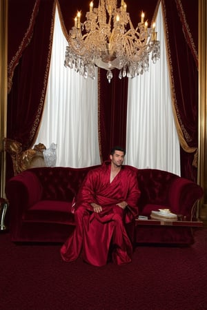 A sumptuous interior setting, with richly upholstered furniture in a deep crimson hue, against a backdrop of gleaming gold accents and soft, warm lighting. A regal figure, draped in luxurious silk robes, sits elegantly on a velvet sofa, surrounded by opulent drapery and ornate chandeliers, exuding an air of refinement and sophistication.