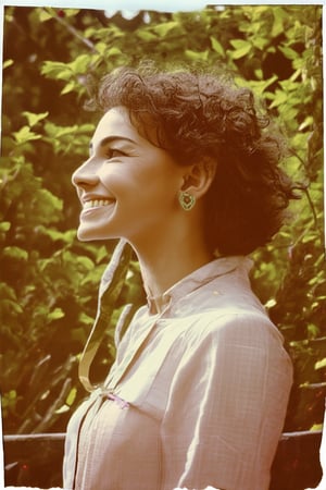 Vintage charm abounds in a warm-toned photograph, reminiscent of yesteryear's nostalgia. Soft focus captures a gentle woman, her curly locks tied back with a ribbon, smiling wistfully as she gazes out at a serene landscape. Framed by lush greenery and a rustic fence, the scene unfolds like a worn Polaroid, evoking memories of a simpler era.