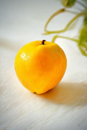 Close-up shot of a bright yellow Hakame fruit, perfectly ripened and glowing in warm sunlight. The camera frames the fruit's intricate patterns and vibrant color against a soft, white background. Soft focus highlights the delicate texture and subtle sheen of the skin, as if kissed by morning dew.