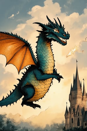 A nostalgic fantasy world comes to life as a whimsical dragon with shimmering scales and wispy wings soars through a warm sunset sky, surrounded by fluffy white clouds. The camera pans down to reveal a medieval-inspired castle in the distance, its turrets and towers reaching for the horizon. A hint of magic lingers in the air.