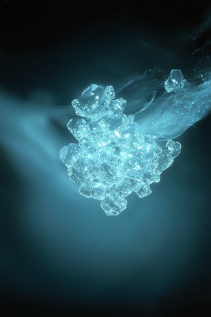 A mesmerizing still life: a cluster of glowing crystals suspended in mid-air, surrounded by a soft blue glow. The camera captures their radiant faceted surfaces from a slightly overhead angle, highlighting the delicate wisps of mist swirling around them. A dark, mystical background provides depth and contrast to the shimmering crystals' ethereal beauty.