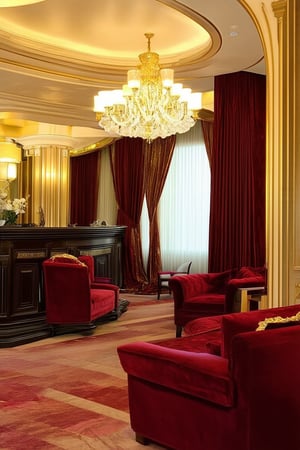 A opulent boutique hotel lobby, warm golden lighting illuminates plush crimson couches and rich wood accents, velvet drapes softly falling like silk curtains. A majestic chandelier casts a regal glow above the reception desk, where a stylish concierge greets guests in elegant attire.