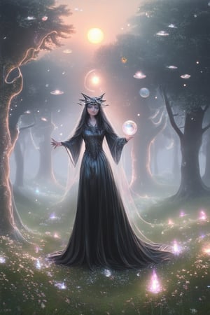 A whimsical forest glade at dawn's soft light, with misty fog swirling around ancient trees. In the center, a bewitching sorceress stands, her long hair and flowing robes billowing in the gentle breeze. With eyes aglow, she holds aloft a shimmering crystal orb, radiating an ethereal aura as WonderMagic swirls around her.