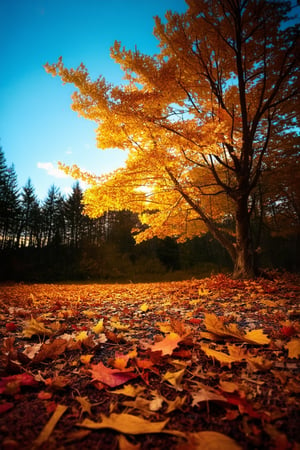 A warm golden light casts a cozy glow on a crunchy carpet of fallen leaves as the camera pans across a serene autumn forest scene. A lone tree stands tall, its branches etched against a brilliant blue sky. The air is crisp with the scent of woodsmoke and ripe fruit.