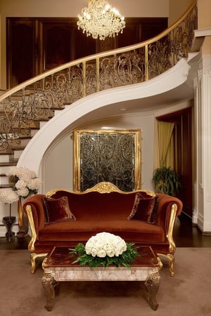 A grand estate's opulent foyer, lit by a stunning chandelier, sets the scene for a luxurious ambiance. A plush velvet sofa, adorned with intricate gold accents, sits adjacent to a marble-topped coffee table. A regal staircase curves elegantly above, while a lavish bouquet of white roses adds a touch of sophistication.