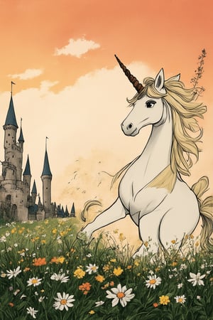 A whimsical animated landscape with a fantastical castle in the distance, set against a warm sunset sky with hues of orange and pink. A majestic unicorn, inspired by classic Don Bluth characters, prances in the foreground, its shimmering coat glistening in the fading light. The frame is filled with lush greenery and vibrant wildflowers, as if the scene has been plucked from a medieval fairy tale.