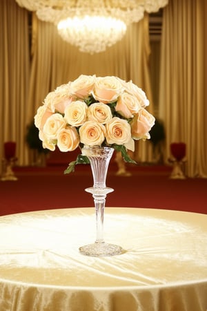 A still life photograph captures a luxurious setting: A velvet-draped table adorns a grand ballroom's center stage. Soft, golden lighting illuminates the rich fabrics and intricate patterns on fine china and crystal glasses. Amidst this opulence, a single, long-stemmed rose blooms, its delicate petals a subtle yet striking contrast to the lavish backdrop.