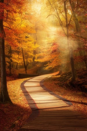 Golden light illuminates a serene forest clearing on an autumn day. Vibrant foliage of orange, yellow, and red hues surrounds a meandering wooden path. A lone figure, dressed in cozy earth tones, sits cross-legged on a blanket, surrounded by fallen leaves and a warm cup of steaming coffee.