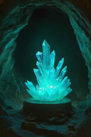 A dimly lit, mystical cave is set as the backdrop for this enchanting scene. A cluster of glowing crystals, emitting a soft blue-green light, sits atop a worn wooden pedestal. The crystals' gentle luminescence casts an ethereal glow on the surrounding stone walls and ancient artifacts, creating an otherworldly atmosphere.